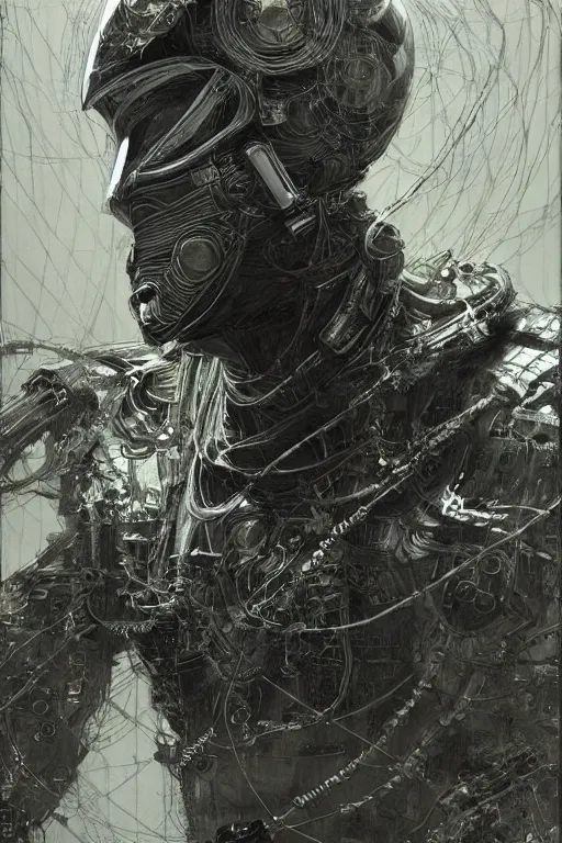 Image similar to portrait of a futuristic masked man with cybernetics and wires on the helmet, pen and ink, intricate line drawings, by craig mullins, ruan jia, kentaro miura, greg rutkowski