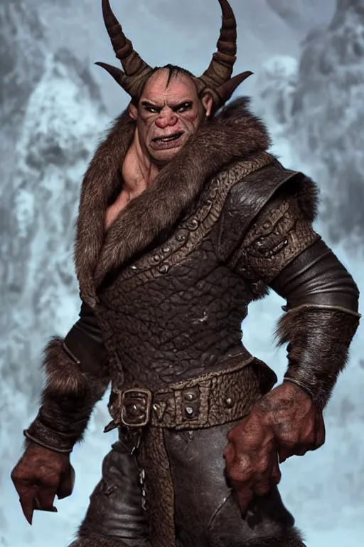 Image similar to A full body shot of a handsome orc!!! looking into the camera wearing a leather fur jacket and boots, full body shot, detailed face, portrait, artstation, realistic, highly detailed, symmetrical, D&D, Dungeons & Dragons, hyper realistic, dynamic pose, high detail, octane render, unreal engine, 8k, fantasy art, highly detailed, dramatic lighting, concept art