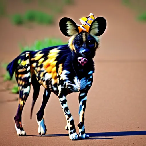 Image similar to A photo of the world's greatest showman: the african wild dog dressed in a hat!