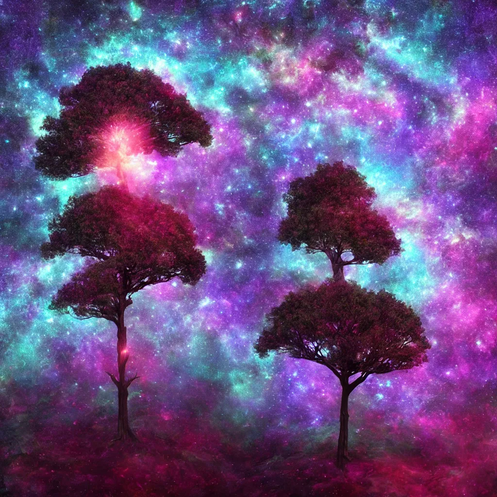 Image similar to Tree in a galaxy made of stars, space, nebulas stars Dmt Psychedelic cosmos, cosmic, Hallucination, night sky; 8k, artstation, unreal engine, octane render, hdr, surrealistic, hyperrealism, glow, photorealistic, volumetric lighting, Dreamy, dynamic, mystical
