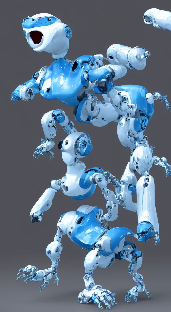 Image similar to a female white and blue robotic griffin, CGI, in the style of Pixar