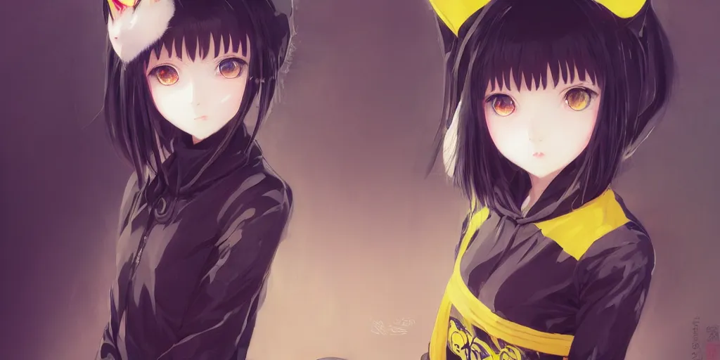 Image similar to with yellow eyes, a beautiful anime cyborg - girl wearing a cat hoodie, wlop, ilya kuvshinov, artgerm, krenz cushart, greg rutkowski, hiroaki samura, range murata, james jean, katsuhiro otomo, erik jones, serov, surikov, vasnetsov, repin, kramskoi