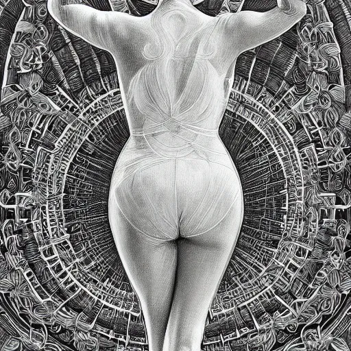 Image similar to hyper detailed bw linear pencil drawing, woman ballet dancer, organic symmetric shapes by ernst haeckel