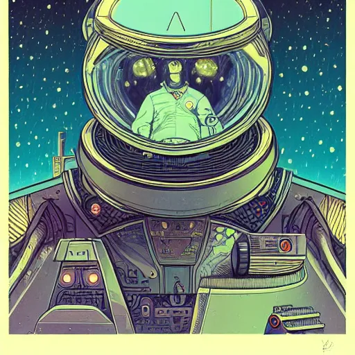 Prompt: moebius and mohrbacher portrait of a retro futuristic space ship captain, detailed illustration, stern look,