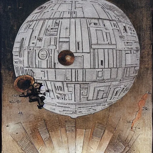 Prompt: the destruction of the death star, painted by leonardo de vinci