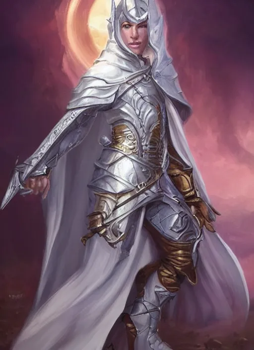 Image similar to white cloak paladin, ultra detailed fantasy, dndbeyond, bright, colourful, realistic, dnd character portrait, full body, pathfinder, pinterest, art by ralph horsley, dnd, rpg, lotr game design fanart by concept art, behance hd, artstation, deviantart, hdr render in unreal engine 5