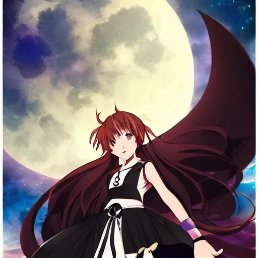 Image similar to a magical anime girl under the moon, dark colours, drawn by studio Ufotable, amazing line work, high quality,