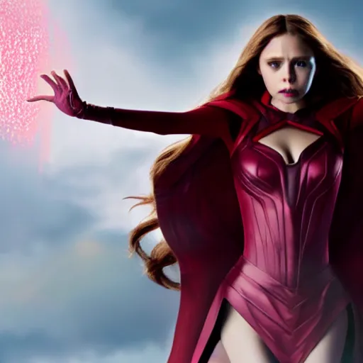 Image similar to elizabeth olsen artstation scarlet witch, floating in the air as she emanates magic from her palms, full - body portrait, 3 5 mm!!!!! photography, disdain facial expression, messy!!!!! hair, trending on artstation, photorealistic!!!!!, 4 k, 8 k