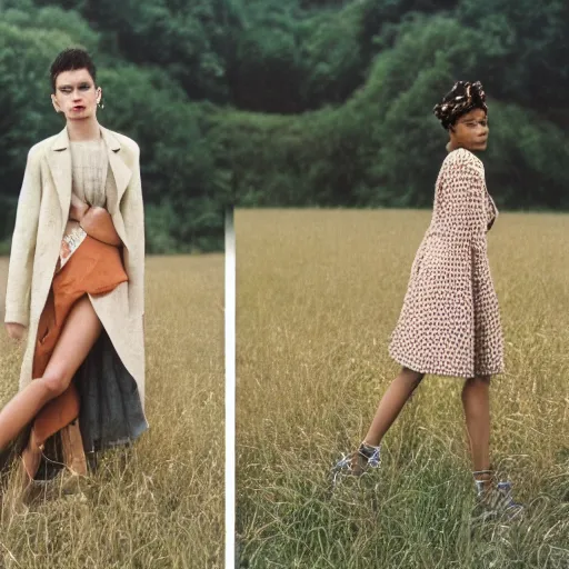 Image similar to realistic!!! photoshoot for a new dior lookbook, color film photography, portrait of a beautiful woman, location on a open field, in style of tyler mitchell, 35mm