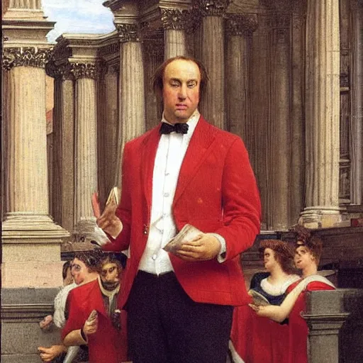 Prompt: saul goodman posing confidently before a crowd of cheering fans, award winning painting by edward poynter