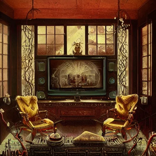 Image similar to intricate detailed victorian goth interior of a vintage 1 9 7 0 s living room with wooden tv by peter mohrbacher and dan mumford, cgsociety