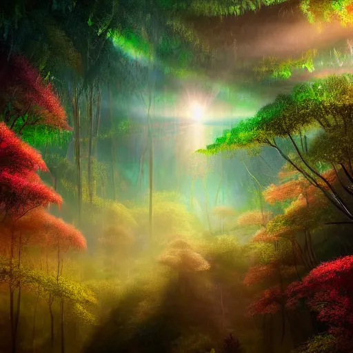 Prompt: detailed fantasy painting of a boreal ethereal mana forest full of glowing magical orbs floating into the sky at dawn ultra realistic , lens flare, atmosphere, glow, detailed, intricate, full of colour, cinematic lighting, trending on artstation, 4k, hyperrealistic, focused, extreme details, cinematic, masterpiece