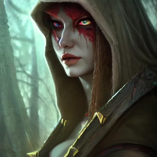 Prompt: sylvanas windrunner stalking in the shadows, au naturel, hyper detailed, digital art, trending in artstation, cinematic lighting, studio quality, smooth render, unreal engine 5 rendered, octane rendered, art style by klimt and nixeu and ian sprigger and wlop and krenz cushart