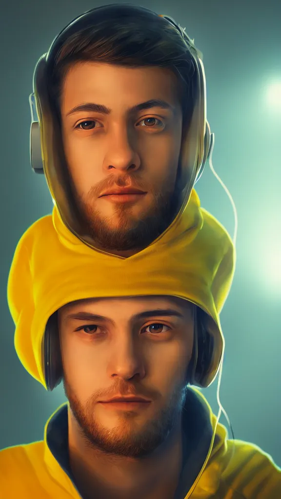 Image similar to close up portrait of young handsome it engineer in a yellow sweatshirt. cyberpunk, volumetric lighting, 4 k, hd, artstation, deviantart