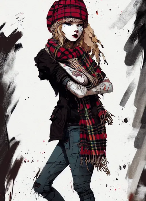 Image similar to highly detailed portrait of a sewer punk lady student, beanie, tartan scarf, wavy blonde hair by atey ghailan, by greg rutkowski, by greg tocchini, by james gilleard, by joe fenton, by kaethe butcher, gradient red, black, brown and cream color scheme, grunge aesthetic!!! white graffiti tag wall background