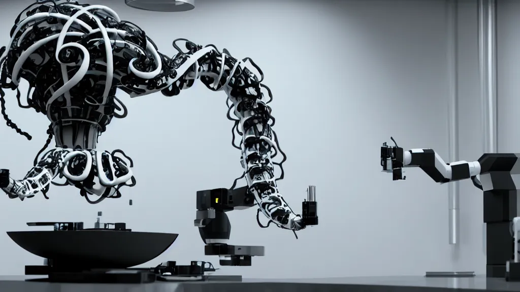 Image similar to a complex bifurcated robotic cnc surgical arm hybrid mri 3 d printer machine making swirling black and white ceramic mandlebulb mutant forms in the laboratory inspection room, film still from the movie directed by denis villeneuve with art direction by salvador dali, wide lens, f 3 2, cinematic lighting, studio quality, smooth render, unreal engine 5 rendered, octane rendered