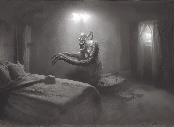 Image similar to terrifying monster in a bedroom by james gurney, volumetric lighting