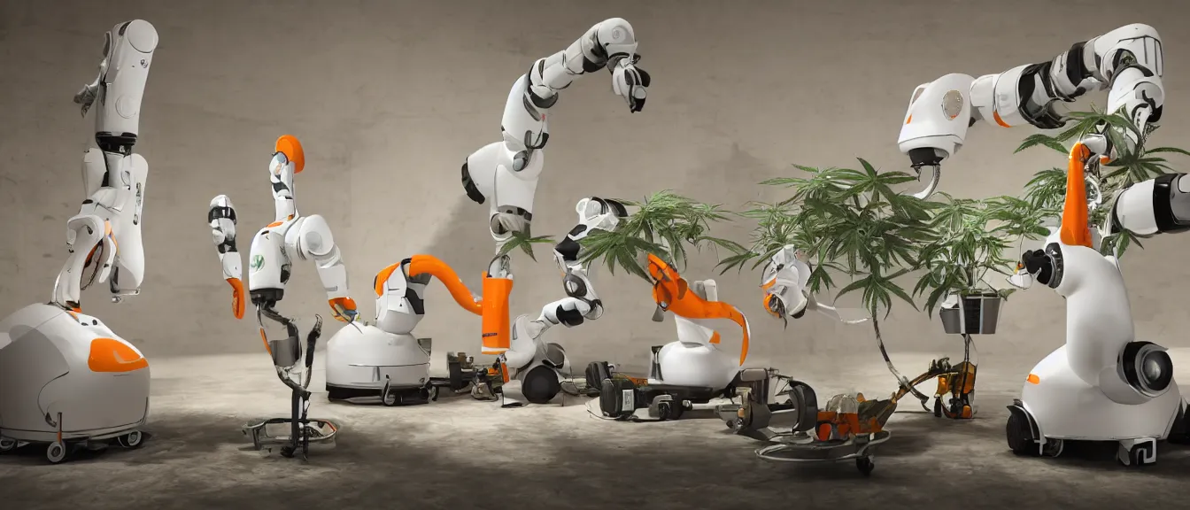 Image similar to three large white glossy kuka industrial robot harvesting a cannabis micro growery inside a fancy living room with retro modern furniture and decor, global illumination, artstation, fantasy, volumetric light