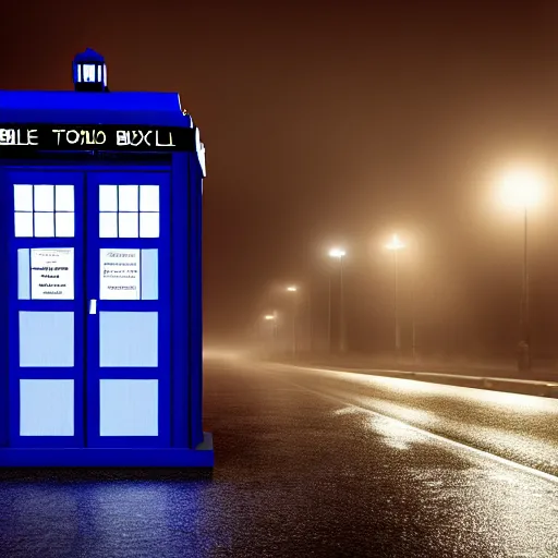 Image similar to a hyperdetailed photograph of the tardis sat on a futuristic street corner, night, dense fog, rain, hd, 8 k resolution