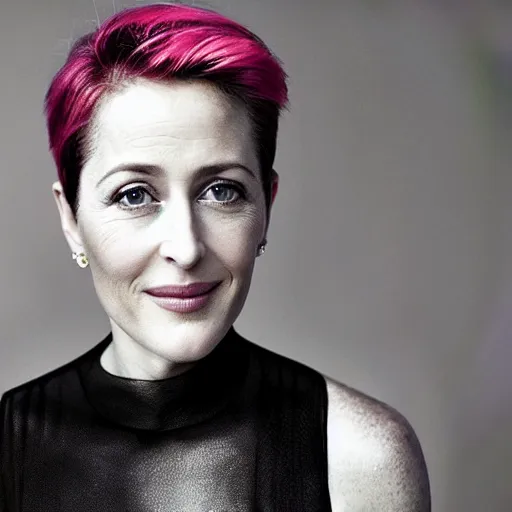 Image similar to photo of a gorgeous 50-year-old Gillian Anderson with pink pixie cut hairstyle by Mario Testino, detailed, head shot, award winning, Sony a7R -