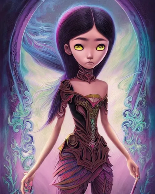 Image similar to an epic fantasy comic book style painting of a young malaysian woman, flying magician, lace, expressive, pastel palette, dark piercing eyes, tan skin, beautiful futuristic hair style, awesome pose, character design by mark ryden pixar hayao miyazaki, ue 5