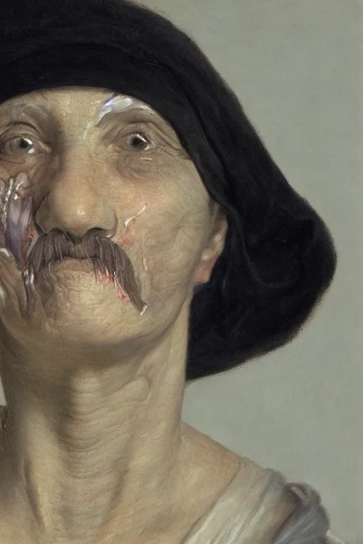 Image similar to hyperrealism extreme close-up portrait of medieval female with with leprosy, with mustache, pale skin, wearing cylinder hat, in style of Francisco Goya