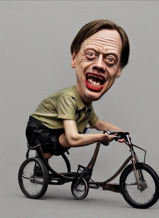 Prompt: hyperrealism steve buscemi riding a tricycle, light effect, hyper detailed, claymation, cartoon, detailed, realistic materials, sharp focus