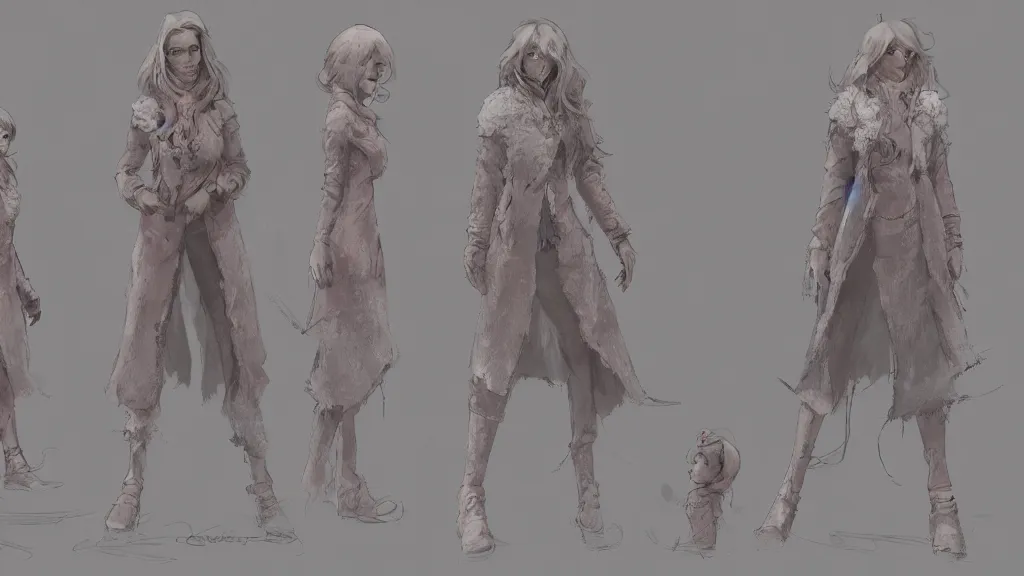 Prompt: character sheet for a light pink long haired female for futuristic moon like dark grey fashion brand demobaza in the mountains with snow impact by craig mullins, by studio ghibli, digital art, trending on artstation, hd, 8 k, highly detailed, good lighting, beautiful, snowfall, masterpiece