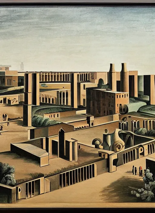 Prompt: a painting by giorgio de chirico of an elongated industrial warehouse that extends through the city containing a park inside designed by oma