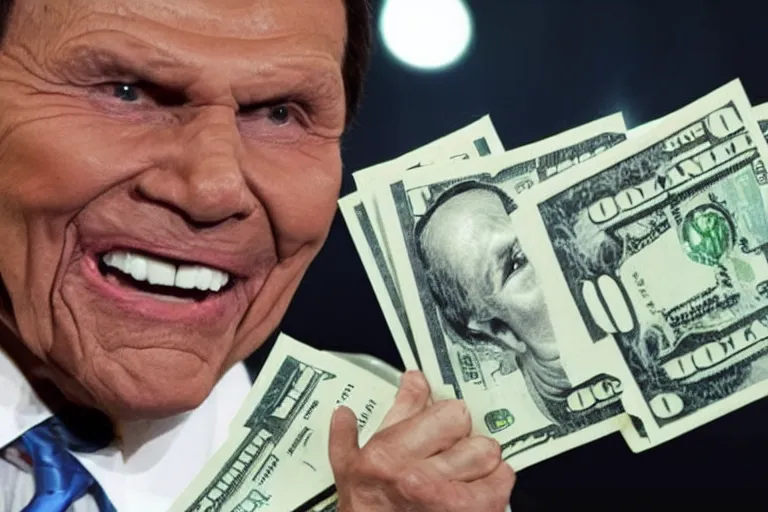 Image similar to kenneth copeland munching on money and dollar bills