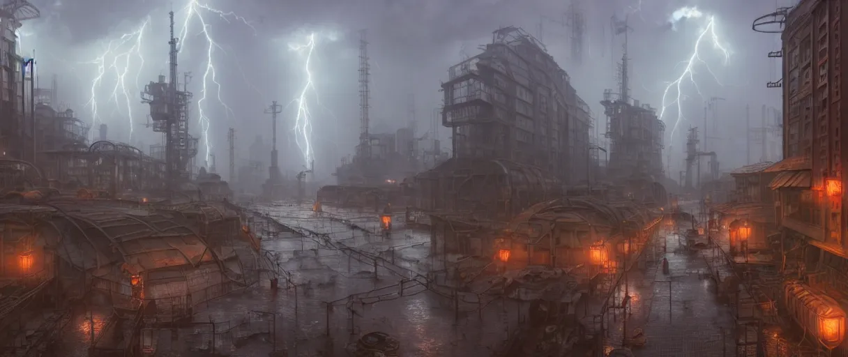 Image similar to a highly detailed matte painting of a soviet steampunk industrial zone in lightning storm and heavy rain by studio ghibli, makoto shinkai, by artgerm, by wlop, by greg rutkowski, volumetric lighting, octane render, 4 k resolution, trending on artstation, masterpiece