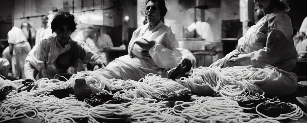 Image similar to a woman giving birth on a pile of spaghetti, chefs in the background, canon 5 0 mm, cinematic lighting, photography, retro, film, kodachrome