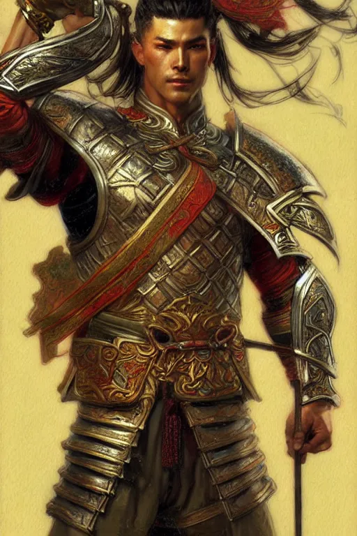 Prompt: attractive muscular male with armor and clothes, tang dynasty, character design, colorful paint, sweat, painting by gaston bussiere, craig mullins, j. c. leyendecker