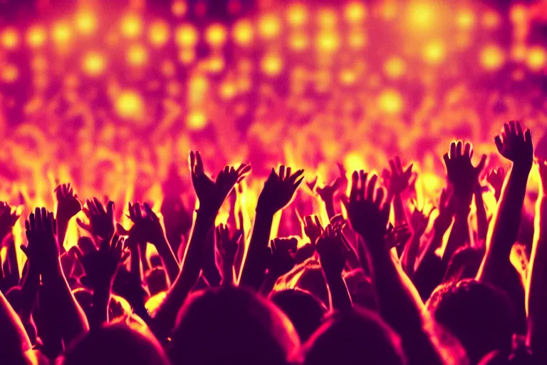 Image similar to crowd partying with their hands up and lighters in the air at a festival, silhouette, digital art, trending on artstation, 4k, unreal engine, intricate, ornate