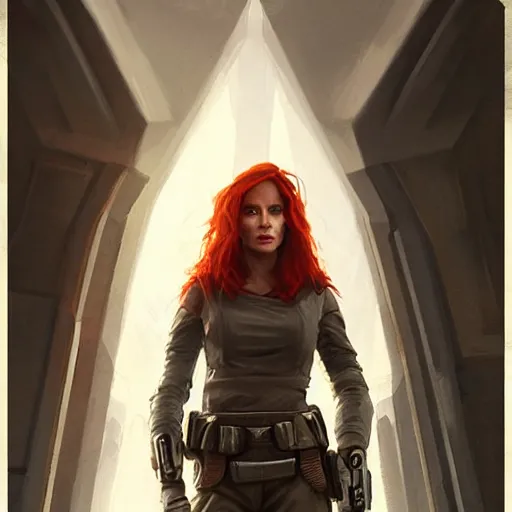 Image similar to portrait of a woman by greg rutkowski, a jedi commander, mara jade, wearing the tactical gear of the galactic alliance, star wars expanded universe, she is about 4 0 years old, highly detailed portrait, digital painting, artstation, concept art, smooth, sharp foccus ilustration, artstation hq