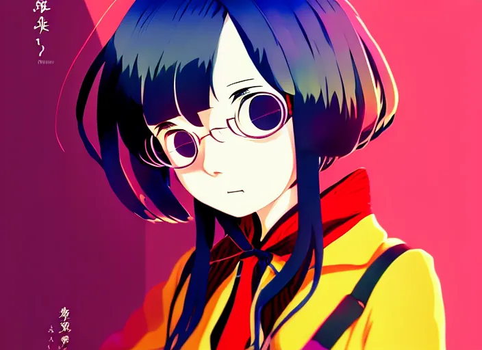 Image similar to editorial illustration colorful anime portrait of shiina ringo, little witch academia, yoh yoshinari, manga, ilya kuvshinov, fine texture, realistic shading, fine details, matte colors, dramatic lighting, dynamic composition, moody, vivid, volumetric, stippled lighting, cinematic