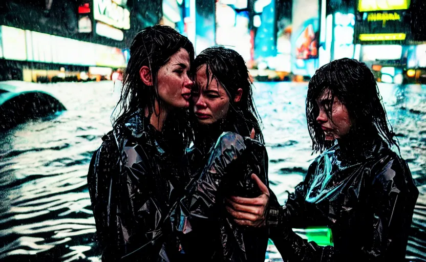 Image similar to cinestill 5 0 d candid photographic portrait by steve mccurry of two loving female androids sobbing wearing rugged black mesh techwear in treacherous waters, flooded city, medium closeup, retrofuturism cyberpunk moody emotional cinematic, pouring iridescent rain bright spotlight helicopter, 8 k, hd, high resolution, 3 5 mm, f / 3 2, ultra realistic faces, ex machina