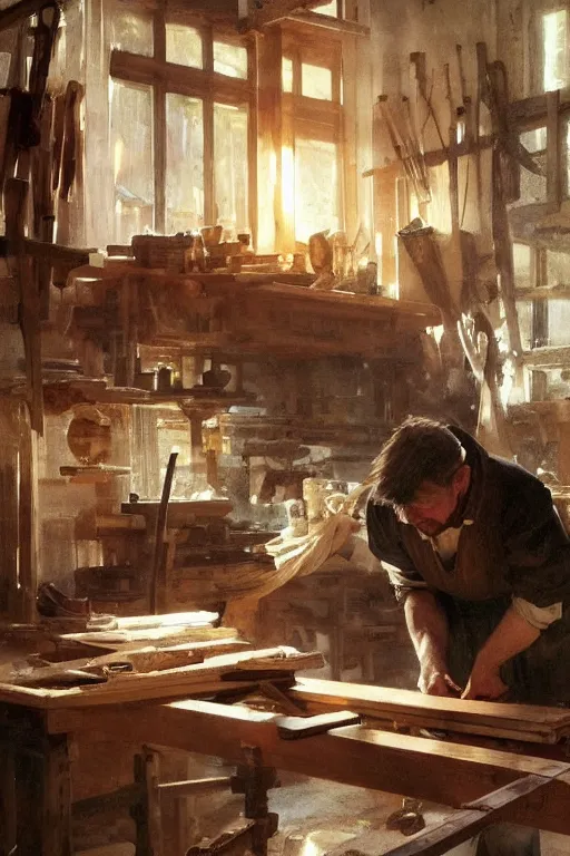 Image similar to simple craftsman fine woodworker building a wooden table in their well lit clean open workshop, art by anders zorn, wonderful masterpiece by greg rutkowski, beautiful cinematic light, american romanticism thomas lawrence, greg rutkowski