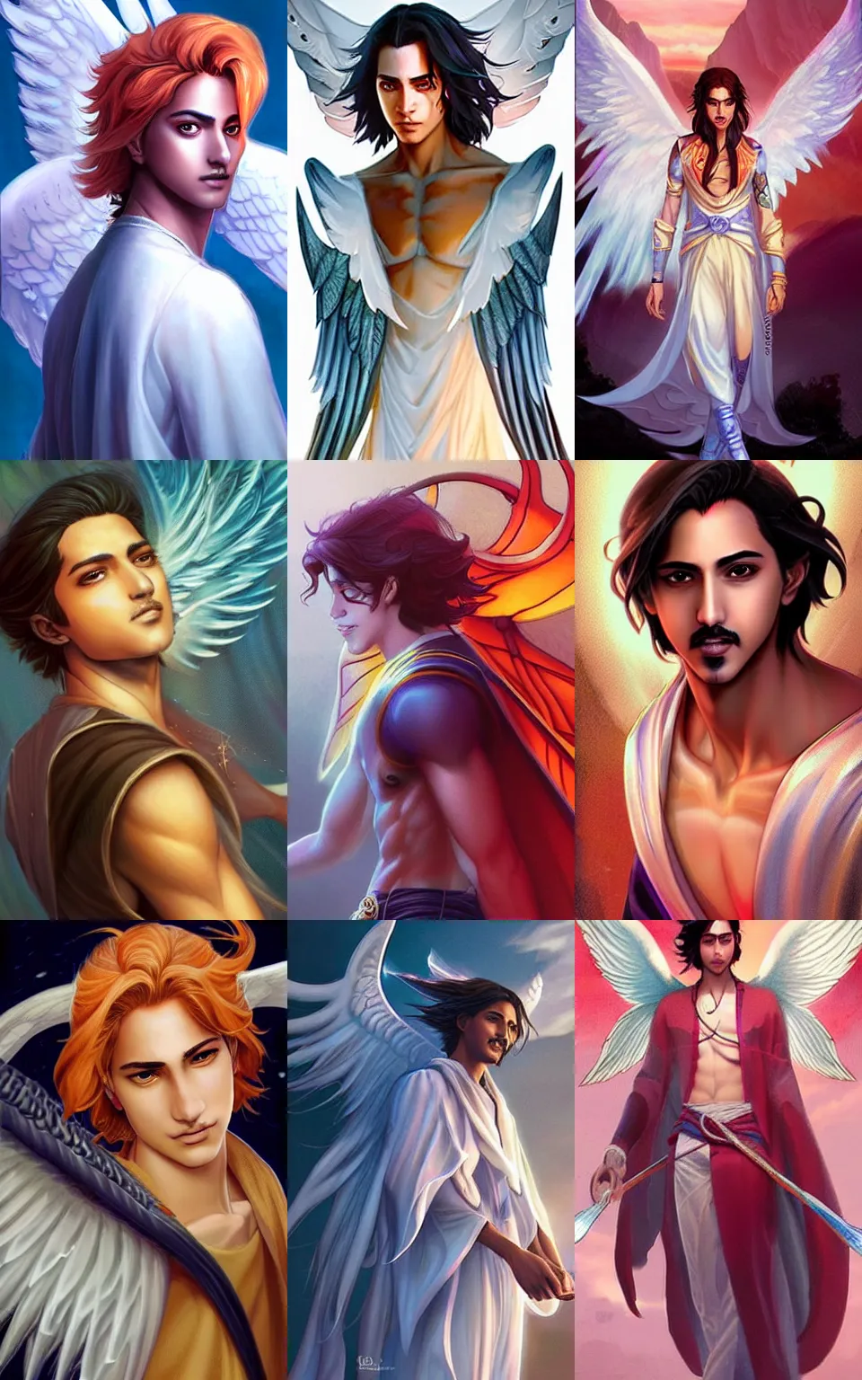 Prompt: Avan Jogia as an angel prince. Large orange wings. Character design by charlie bowater, ross tran, artgerm, and makoto shinkai, detailed, inked, western comic book art, 2021 award winning painting
