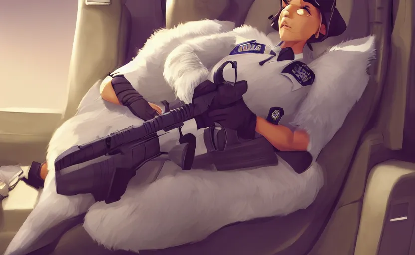 Image similar to a furry human - like dressed policewoman sleeping on duty in the police car, artstation hq, stylized, symmetry, modeled lighting, expressive, studio photo refined, highly detailed, hyper realistic, furry, sense of awe, zootopia style