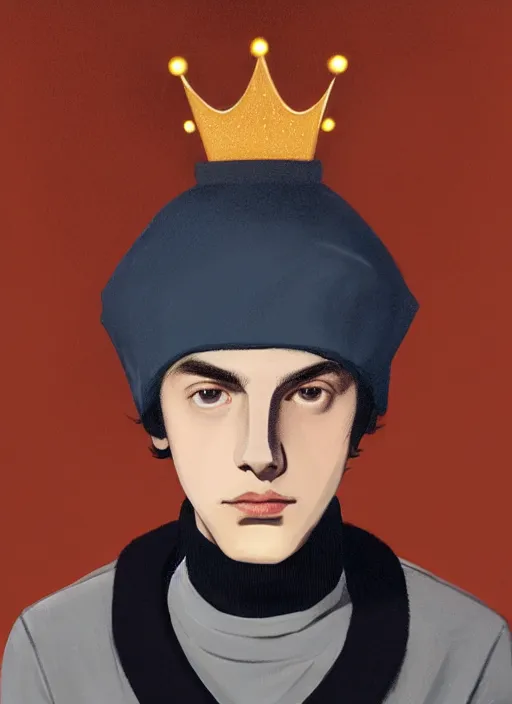 Image similar to portrait of teenage jughead jones wearing a light grey crown, crown, blue turtleneck, 1 9 5 0 s, closed eyes, photorealistic, black hair, glowing lighting, intricate, elegant, glowing lights, highly detailed, digital painting, artstation, concept art, smooth, sharp focus, illustration, art by wlop, mars ravelo and greg rutkowski