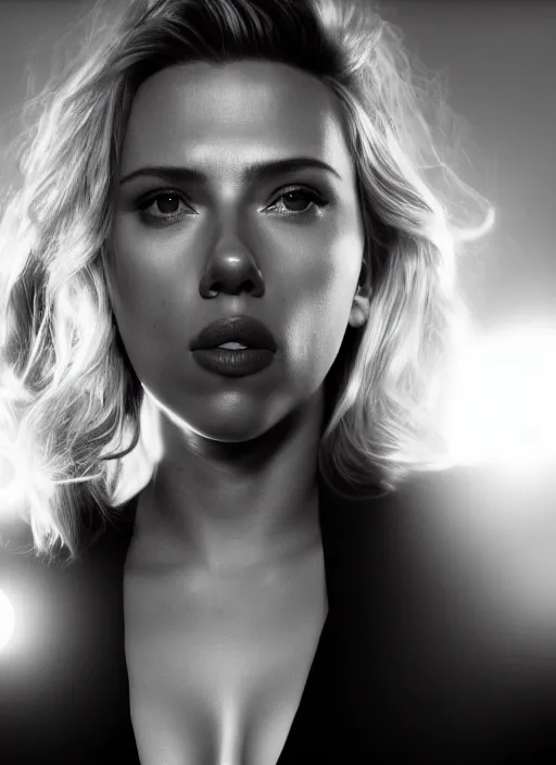 Image similar to scarlett johansson kissing the camera lense while she is looking at the camera. Real photo, photoshooting, studio light, black background, intricate, epic lighting, cinematic composition, hyper realistic, 8k resolution, unreal engine 5
