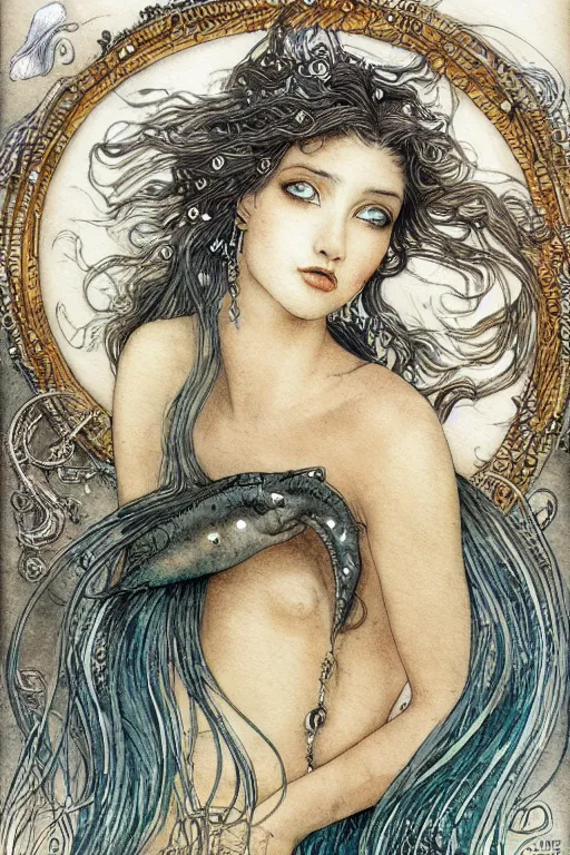 Image similar to mermaid with dark skin and long flowing hair face closeup surrounded circular frame of fish, art by luis royo and walter crane and kay nielsen, watercolor illustration, ultra sharp focus