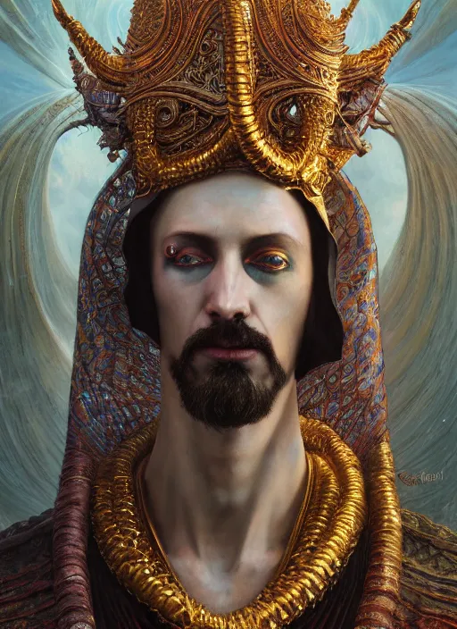 Prompt: slender high priest in a ornate robe, strange headpiece, subsurface scattering, by gerald brom, karol bak, tomasz alen kopera, cgsociety and fenghua zhong, highly detailed, rim light, cinematic lighting, illustration, art, octane render, very coherent, cinematic, hyper realism, high detail, octane render, 8 k