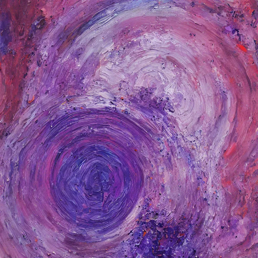 Prompt: abstract multiple layers of purple and blue shades paint dripping and running in a circular pattern in the rough form of a head, oil on canvas, detailed