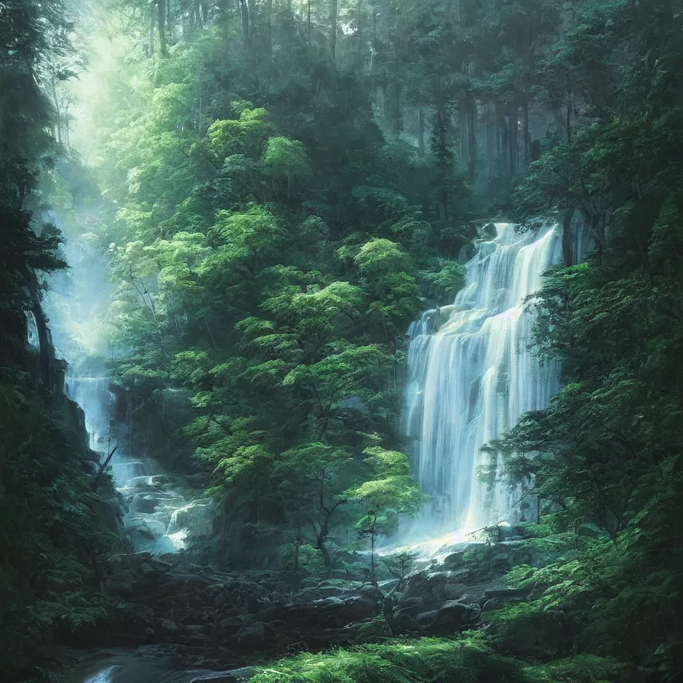 Image similar to A beautiful oil painting of a very tall waterfall on a very rocky cliff, in the middle of a huge forest of trees with bright blue glowing leaves, by Greg Rutkowski