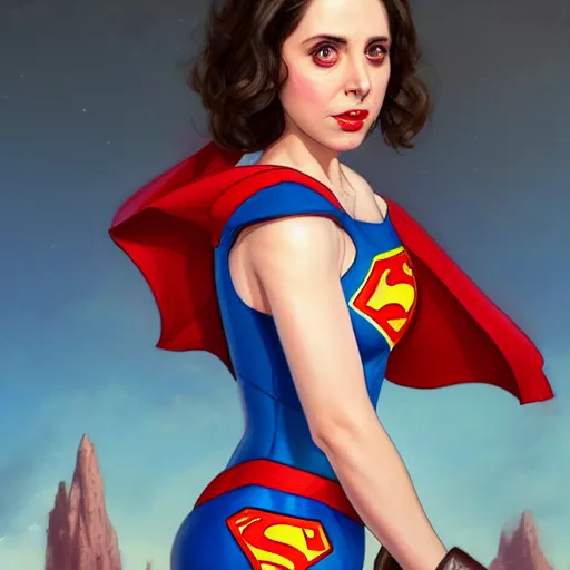 Image similar to Alison brie, dressed as Superman ultra wide lens shot , tiny, small, short, cute and adorable, pretty, beautiful, DnD character art portrait, matte fantasy painting, DeviantArt Artstation, by Jason Felix by Steve Argyle by Tyler Jacobson by Peter Mohrbacher, cinematic lighting