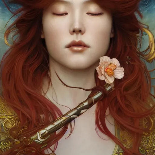 Prompt: portrait of Asuka Soryu with red long wavy hair drawn by Donato Giancola and Tom Bagshaw and Julie Bell, face by Artgerm, overall design by Alphonse Mucha, background by James Jean and Gustav Klimt, 4k, porcelain skin, komorebi, french nouveau, trending on artstation, octane render, hyperrealistic