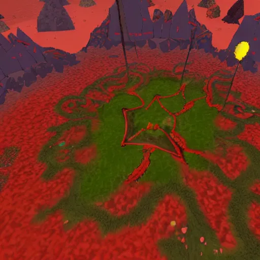 Image similar to TzKal-Zuk at the Inferno, old school runescape, lava river, magma, large shield of magma, obsidian pillars