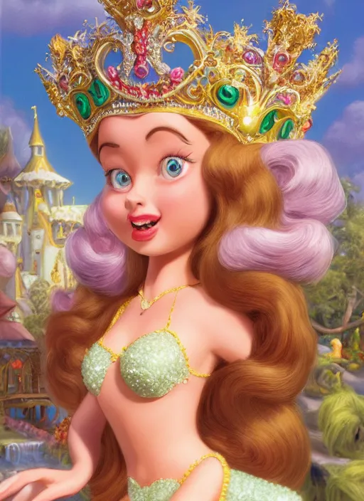 Image similar to closeup face profile portrait of a fairytale princess wearing a crown eating cakes, bikini, depth of field, zeiss lens, fashion photoshoot, by dan decarlo, bob clampett, bill ward, earl norem, max fleischer, breathtaking, 8 k resolution, extremely detailed, beautiful, establishing shot, artistic, hyperrealistic, octane render